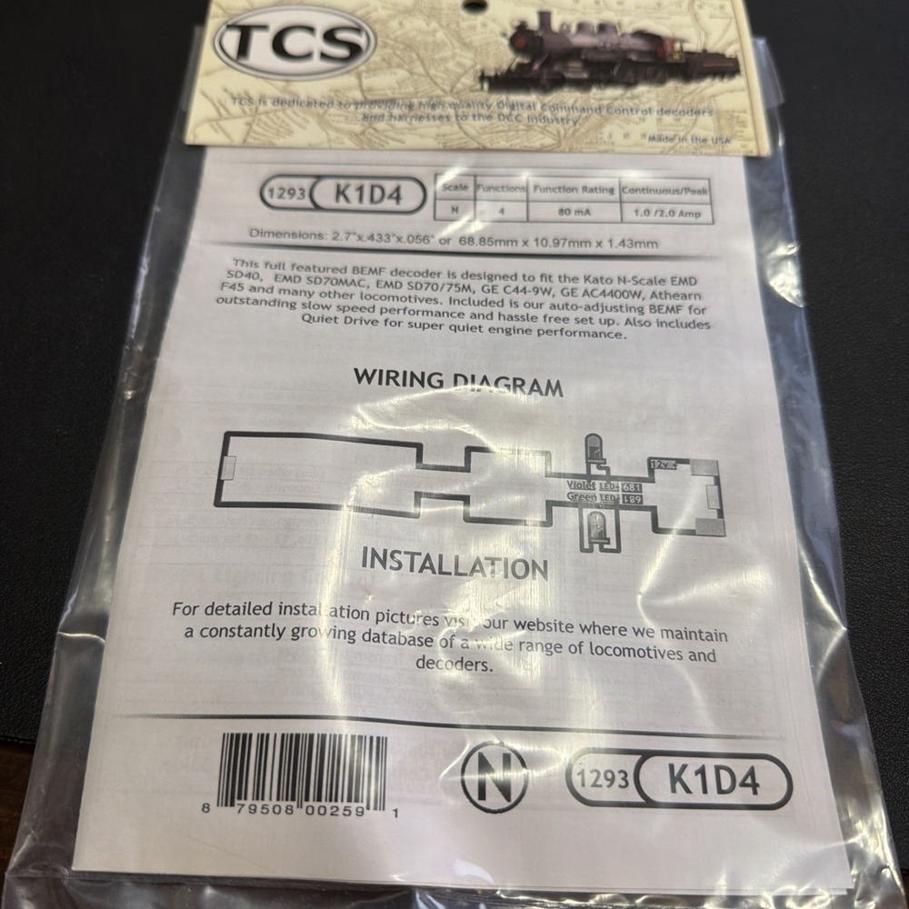 TCS #1293 K1D4 DCC Decoder for larger Kato N Diesel Locomotives NEW